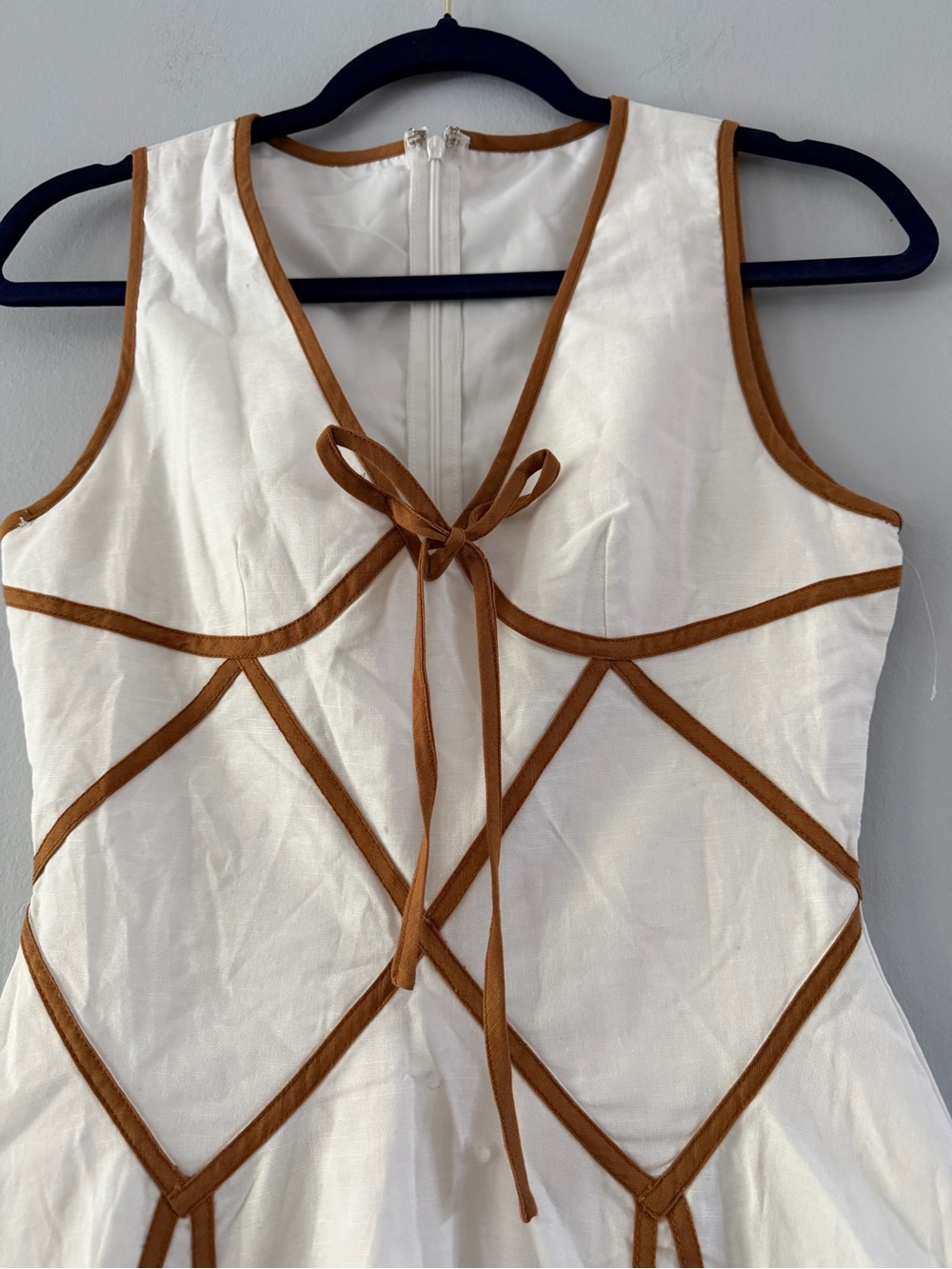 White and Brown Trim Sleeveless Fit-and-Flare Dress - Picture 3 of 4